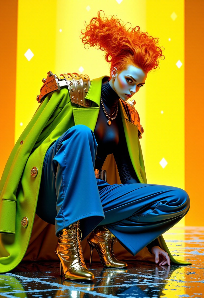 (High quality, highly detailed, hyper-realistic, 8K, masterpiece, digital painting) A hyper-realistic fashion editorial featuring a woman with porcelain skin and vibrant orange hair styled into wild, gravity-defying spikes. She wears an avant-garde chartreuse green coat with split tails and structured geometric shoulders, left open to reveal a fitted black top with high-neck ruching. Her high-waist cobalt blue trousers feature exaggerated flares at the ankles, complemented by sleek metallic gold high-heeled boots. She squats low, balancing effortlessly, one hand brushing the surreal chrome-spiked floor while the other rests on her bent knee. Her intense gaze locks directly on the camera, creating a sense of confrontation. The background showcases pulsating diamond-shaped gradients in yellow and orange, adding a surreal, vibrating depth to the scene. HD, 8K, masterpiece quality, hyper-realistic, ultra-detailed.