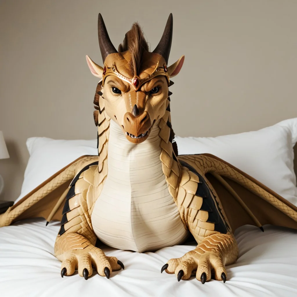 score_9, score_8_up, score_7_up, score_6_up, score_5_up, score_4_up, masterpiece, high quality, realistic, detailed, best quality, white bed, solo, rating_safe, source_furry, bedroom, scowling, angry, looking at viewer, lying on belly, feral, Blister_wof, black scale pattern, black sclera, black eyes, female, 1girl, circlet, Sandwing, dragon, yellow scales, horn, claws, wings, tail, tail barb