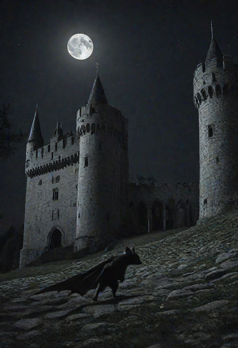 bat walking around a castle at night