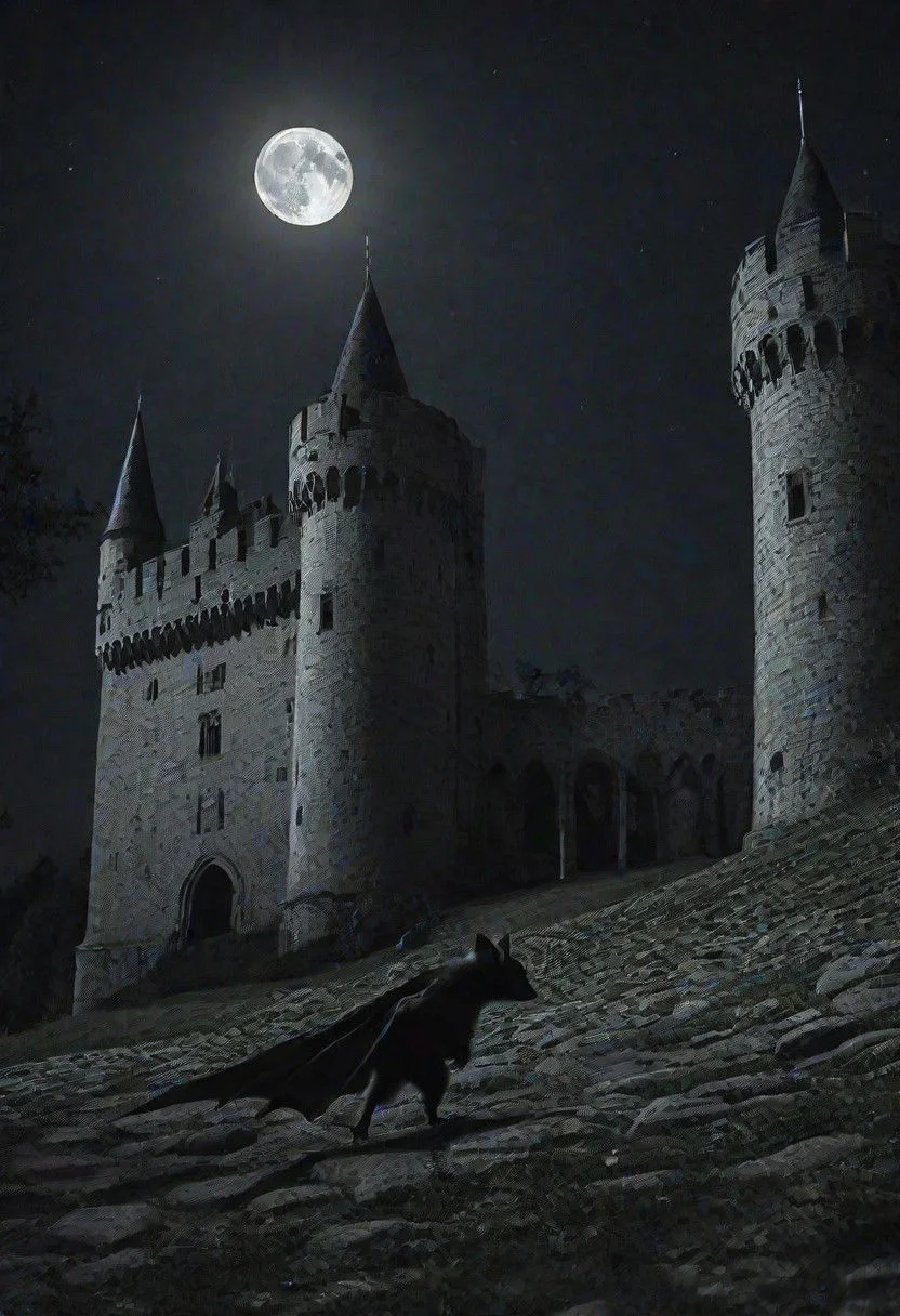 bat walking around a castle at night