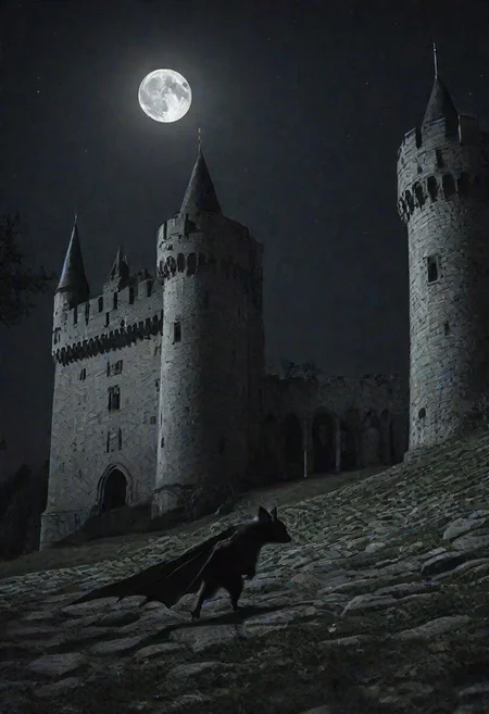 bat walking around a castle at night