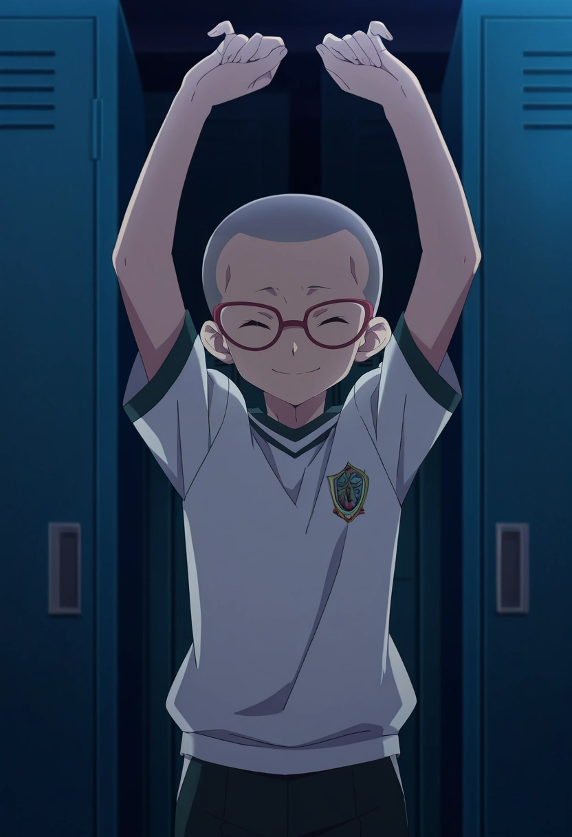 masterpiece, best quality, anime screencap, official style, anime coloring, cowboy shot, 1boy, solo, male focus, <lora:konekomaru_miwa_ilxl:0.9>, konekomaru_miwa, grey hair, black eyes, bald, glasses, red-framed eyewear, , upper body, locker room, dark, arms up, (closed eyes:1.2), smile,