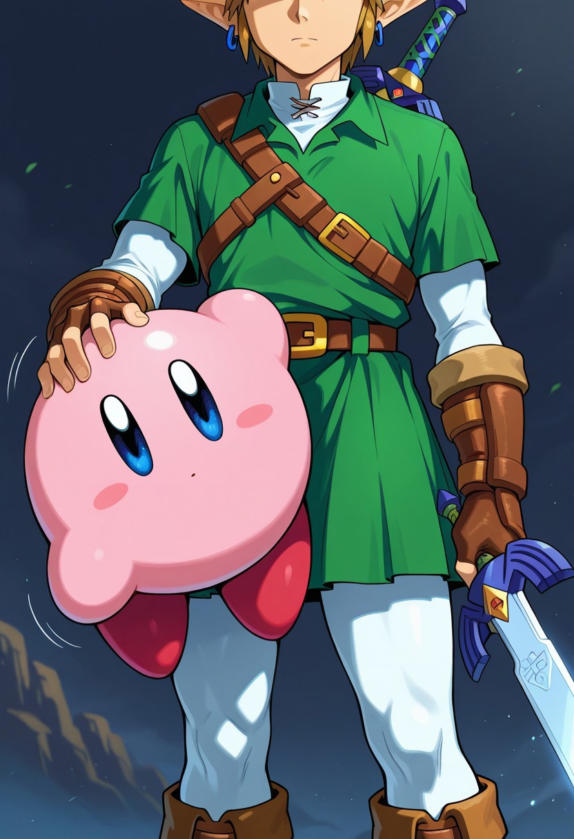 head out of frame, ootalink, link, the legend of zelda: ocarina of time, white pantyhose, white undershirt, layered sleeves, brown knee boots, brown elbow gloves, brown fingerless gloves, green pleated skirt, green tunic, collared shirt, blue hoop earrings, holding severed head, head grab, holding sword, other focus, expressionless, kirby, (floating island:0.1), masterpiece, best quality, amazing quality,