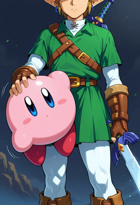 head out of frame, ootalink, link, the legend of zelda: ocarina of time, white pantyhose, white undershirt, layered sleeves, brown knee boots, brown elbow gloves, brown fingerless gloves, green pleated skirt, green tunic, collared shirt, blue hoop earrings, holding severed head, head grab, holding sword, other focus, expressionless, kirby, (floating island:0.1), masterpiece, best quality, amazing quality,