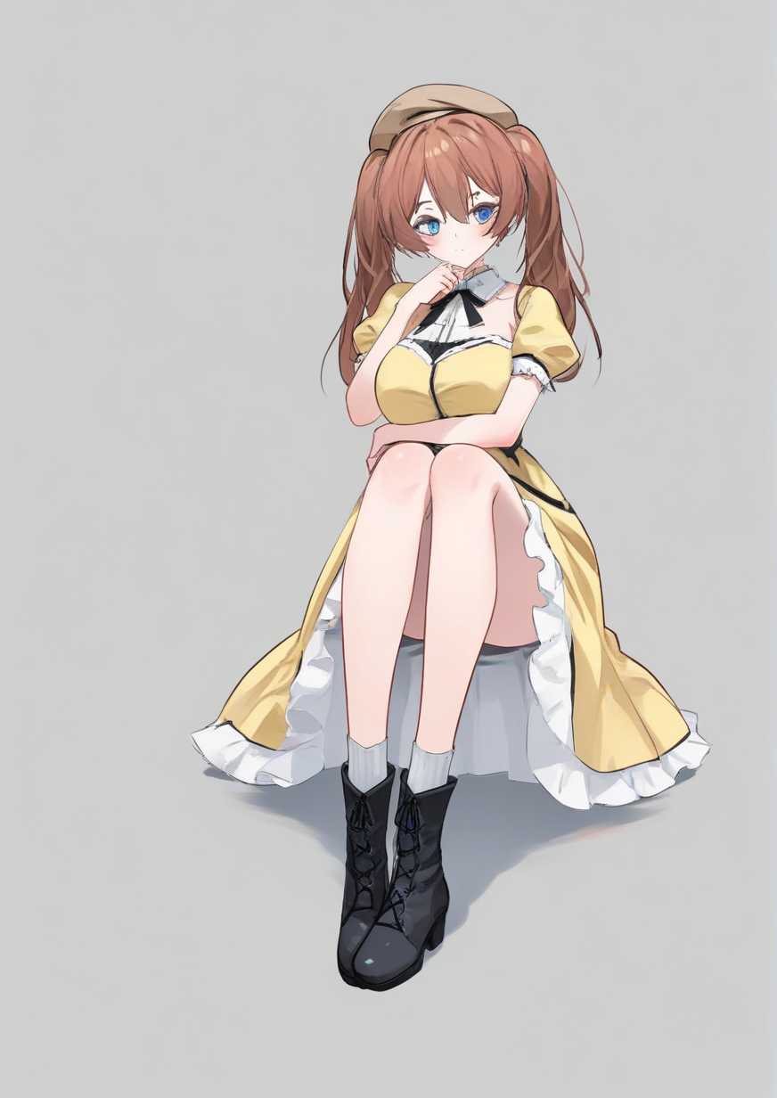 1girl, huge breast, beret, black footwear, blue eyes, boots, brown hair, brown headwear, closed mouth, cross-laced footwear, dated, dress, frilled dress, frills, grey background, hand up, hat, hugging own legs, lace-up boots, looking at viewer, puffy short sleeves, puffy sleeves, short sleeves, sidelocks, signature, socks, solo, twintails, white socks, yellow dress, <lora:SydusArts:1>