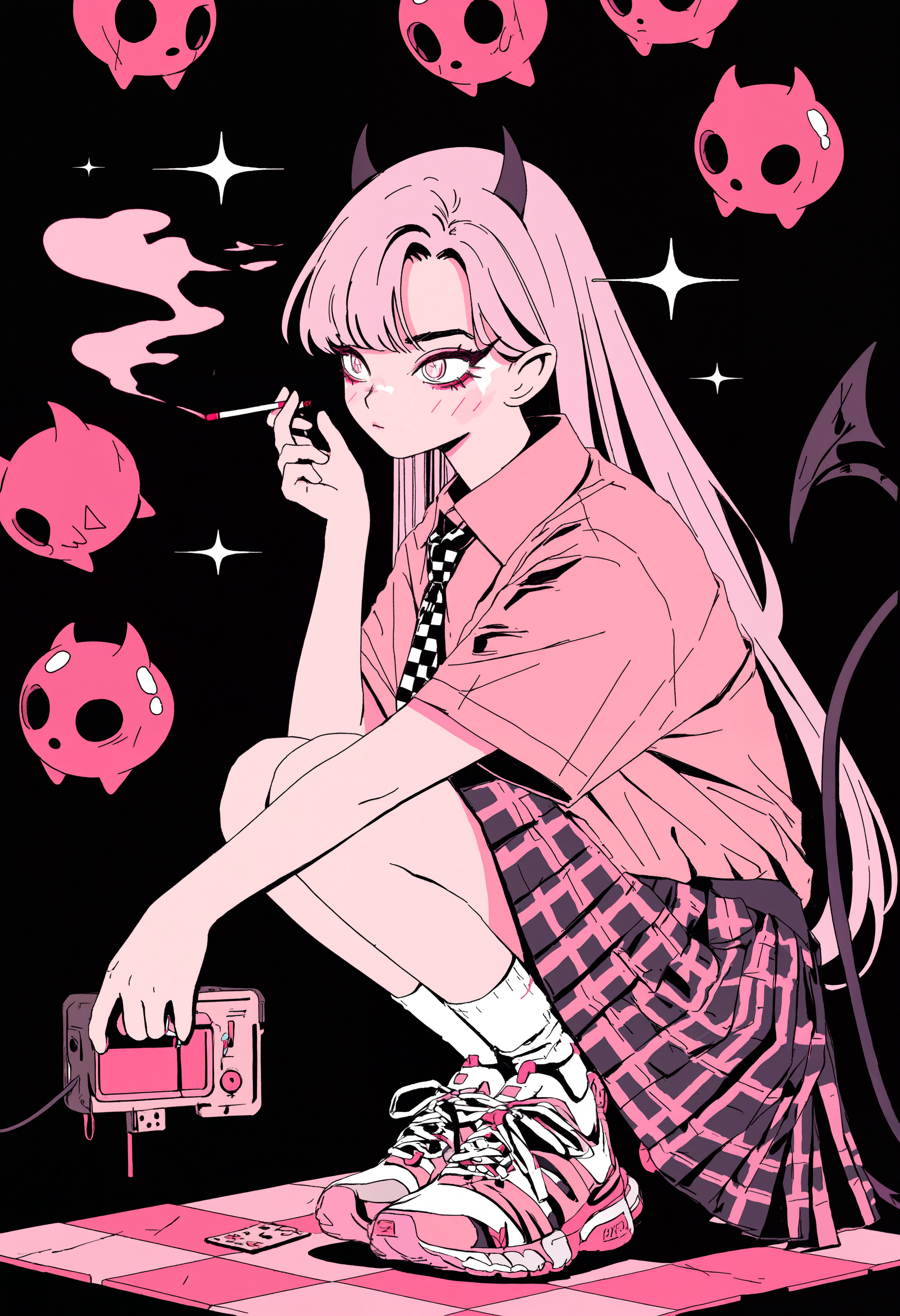 masterpiece, absurdres, newest, very awa,   limited palette, pink theme,   1girl, solo, solo focus, very long hair, short shorts, pink shirt, short sleeves, striped necktie, plaid skirt, pleated skirt, white socks, sneakers, demon horns, demon tail,   sparkle, squatting, three quarter view, holding cigarette, simple background, looking afar, black background, checkered background,   <lora:spo_sdxl_10ep_4k-data_lora_webui>,  <lora:TA_trained:0.35>,  <lora:NOOB_EPSv1_1_detailer_by_vlnvk_v0_5>,  <lora:Arkestar:0.9>
