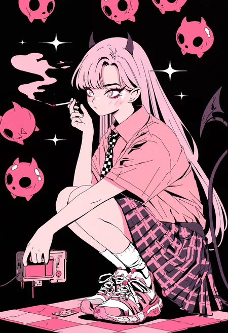 masterpiece, absurdres, newest, very awa, limited palette, pink theme, 1girl, solo, solo focus, very long hair, short shorts, pink shirt, short sleeves, striped necktie, plaid skirt, pleated skirt, white socks, sneakers, demon horns, demon tail, sparkle, squatting, three quarter view, holding cigarette, simple background, looking afar, black background, checkered background, <lora:spo_sdxl_10ep_4k-data_lora_webui>, <lora:TA_trained:0.35>, <lora:NOOB_EPSv1_1_detailer_by_vlnvk_v0_5>, <lora:Arkestar:0.9>
