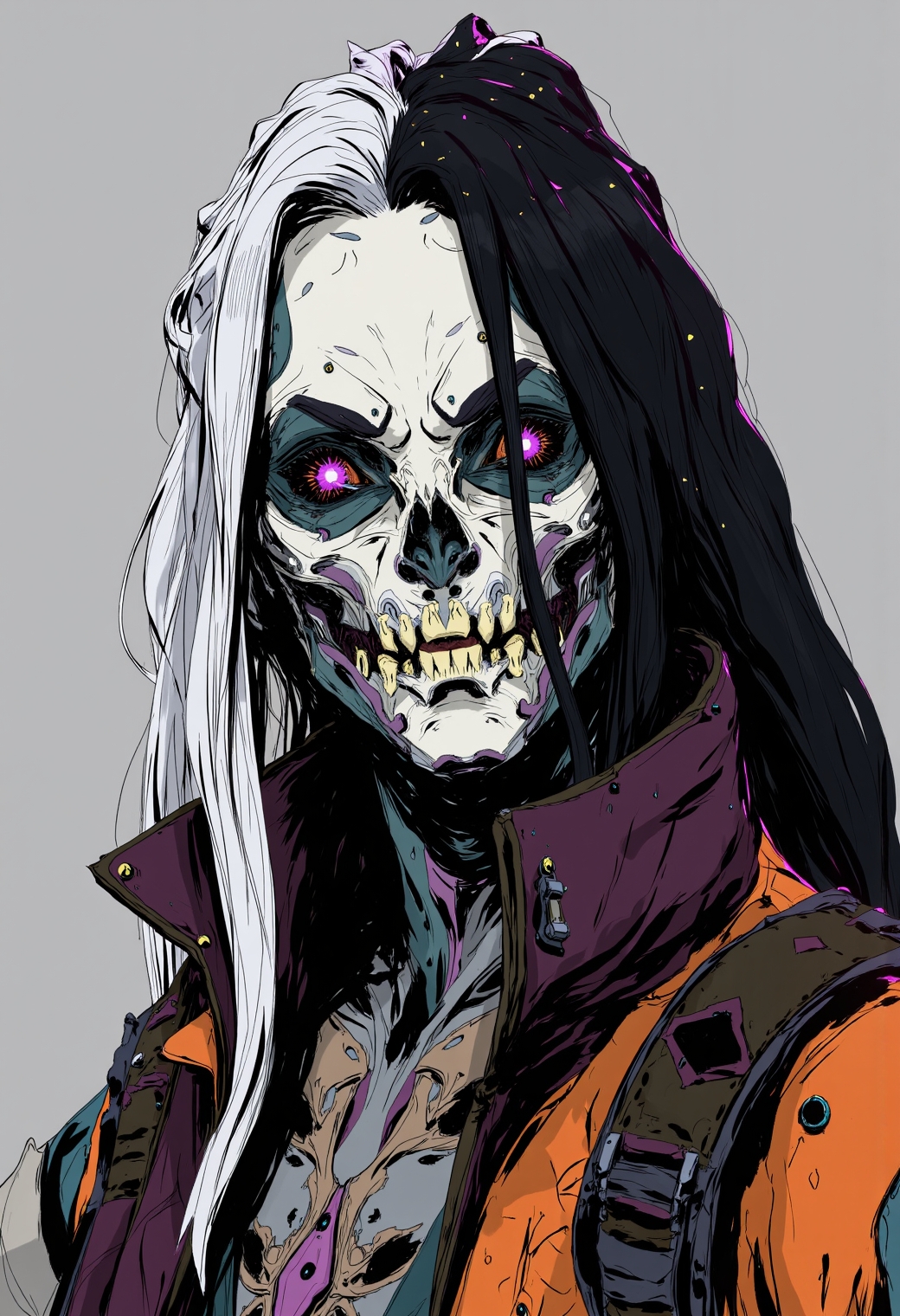 <lora:ck-cyber-relic-000015:1>, in the style of ckcr, Portrait of a mysterious woman with skull mask, her glowing purples eyes, contrasted with pale, almost alabaster skin. Long hair is a mix of white and black; black on one side, white on the other. He wears urban clothing in orange, purple, teal and grey. The background is a dream world that merges with the urban world, creating something never seen before.