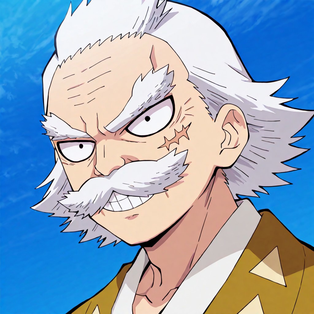 score_9, score_8_up, score_7_up, source_anime, Jigoro, solo, old man, white hair, bushy mustache, thick eyebrows, short, large slanted eyes, forehead wrinkles, crows feet, straight scar with even six prongs running along his right cheek, wooden peg right leg,  jinbei kimono, thick wooden cane, yellow-brown kimon with a pale triangle pattern, grey pants, sandals, close up, face shot, portrait, grin, daytime, sunny, blue sky,