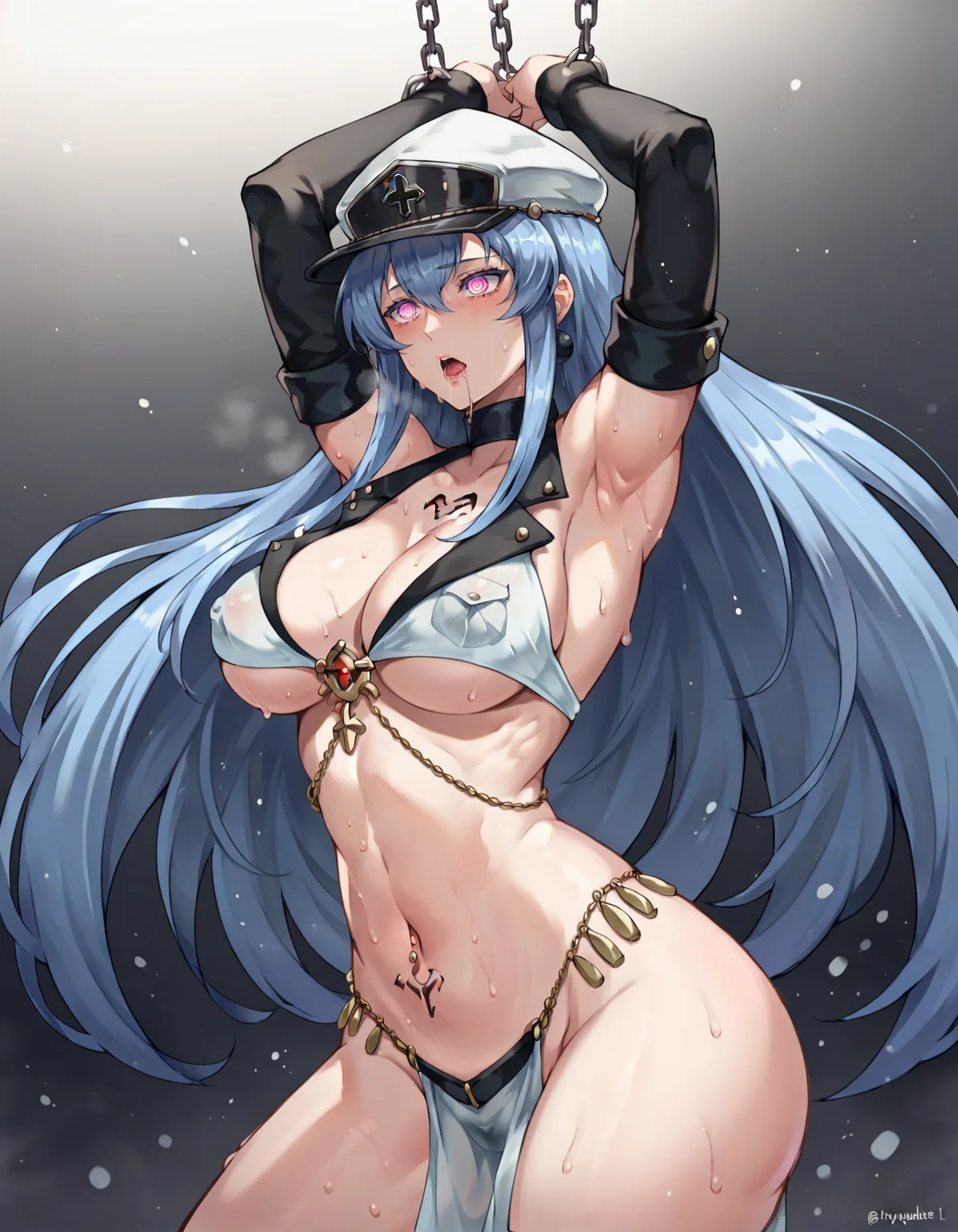 score_9, score_8_up, score_7_up, score_6_up, score_5_up, score_4_up, BREAK source_anime, 1girl, <lora:PonyEsdeath-10:0.6>, Esdeath, <lora:HypnoHarem:0.7>, HypHarem, harem outfit, expressionless, :o, mind control, drooling, saliva, sweat, glowing eyes, drooling, dancing