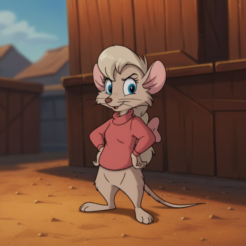 score_9, score_8_up, score_7_up, score_6_up, score_5_up, score_4_up, source_furry, jennynimh2, semi-anthro, female, mouse, brown fur, ponytail, pink sweater, long sleeves, blue eyes, outside, standing, hands on hips, pink bow, solo, 1girl