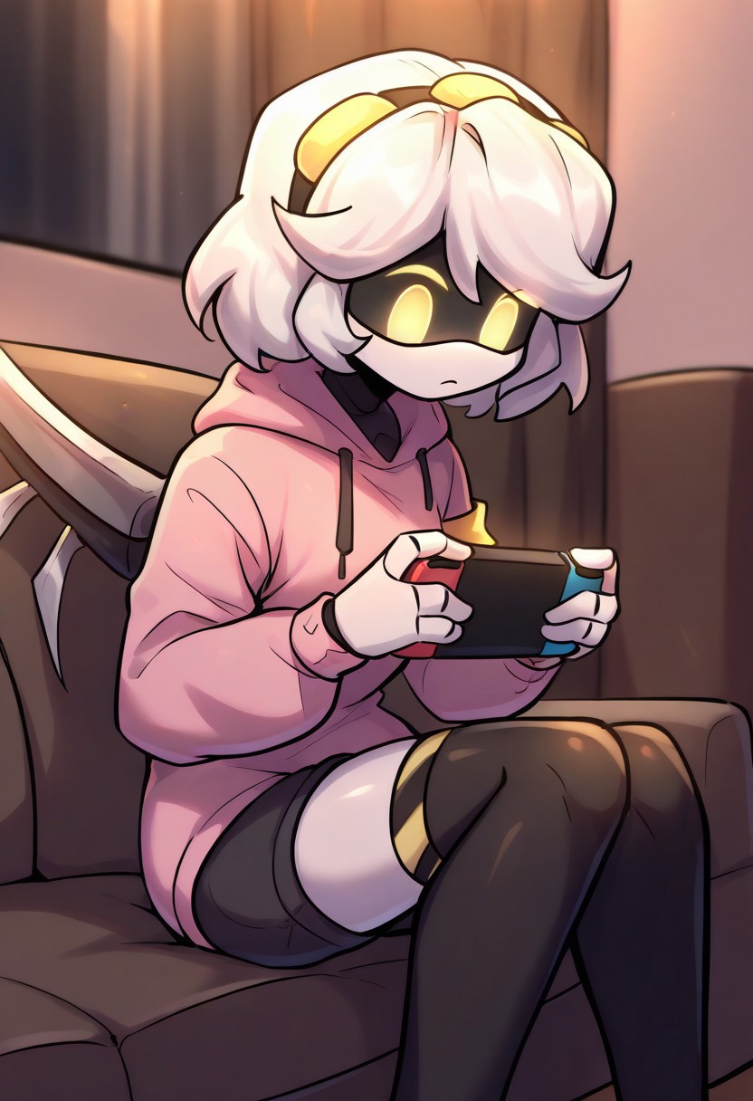 (masterpiece, high quality, highly detailed, best quality), SD-V, 1girl, solo, robot girl, humanoid robot, robot joints, hairband, short white hair, yellow eyes, solid circle pupils,fur-trimmed black jacket, armband, mechanical wings,
sidelocks, headphones, pink hoodie, hood down, drawstring, long sleeves, bagpack, shorts, black top, contemporary, casual, sitting, at home, flat, room, living room, holding handheld game console, nintendo switch, playing games, intense, looking down,