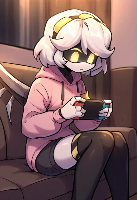 (masterpiece, high quality, highly detailed, best quality), SD-V, 1girl, solo, robot girl, humanoid robot, robot joints, hairband, short white hair, yellow eyes, solid circle pupils,fur-trimmed black jacket, armband, mechanical wings,
sidelocks, headphones, pink hoodie, hood down, drawstring, long sleeves, bagpack, shorts, black top, contemporary, casual, sitting, at home, flat, room, living room, holding handheld game console, nintendo switch, playing games, intense, looking down,