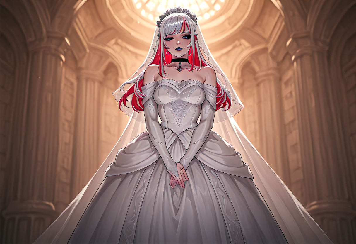 score_9,score_8_up,score_7_up, 1girl, solo, (American Flag, USA theme), amateur angle, soft lighting, smug, (goth, black lipstick, silver jewelry, silver piercings, black mascara, black eyeshadow), (muscular), (<lora:Underdye_hairstyle__Peekaboo_Hairstyle:1> underdye_hairstyle, two-tone hair,  White outer hair, Blue and Red inner hair),choker, (pale soft skin), medium breasts, covered crotch, (something is wrong), (red white and blue tulle dress, ballgown, gown, Veil, fluffy dress),swirling jail cell USA background,  <lora:intruder:1> intruder