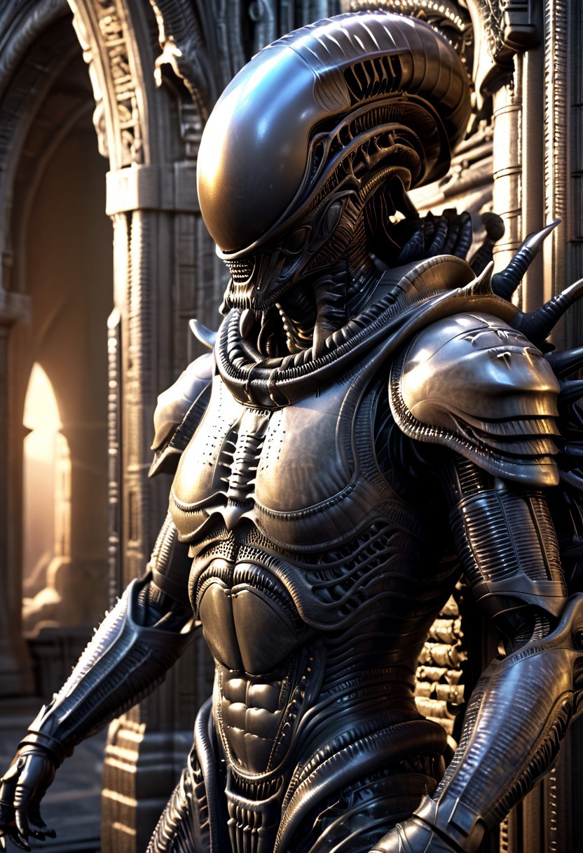 A xenomorph hunter, monster, Ornamental armor, armor, Ornamental chestplate with silver ancient alien runs, (fantasy scenery:1.3), intricate details, highly detailed, high resolution, HDR, realistic, dusty sunlight, ray_tracing, sun_flare, cinematic, perfect lighting, (vivid colors:1.3, color full:1.3), ultra detailed 8k cg, (best quality), (masterpiece:1.4), bokeh, depth of field, photorealistic, caustics, perfect shading,(hyperrealistic 3d render),art by hr giger,