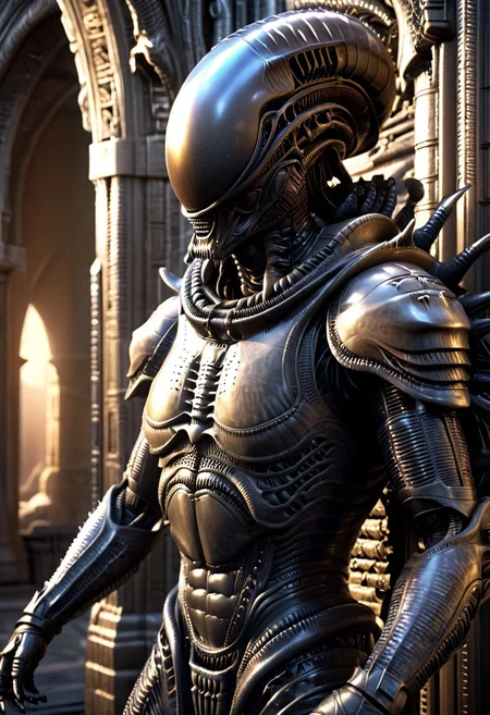 A xenomorph hunter, monster, Ornamental armor, armor, Ornamental chestplate with silver ancient alien runs, (fantasy scenery:1.3), intricate details, highly detailed, high resolution, HDR, realistic, dusty sunlight, ray_tracing, sun_flare, cinematic, perfect lighting, (vivid colors:1.3, color full:1.3), ultra detailed 8k cg, (best quality), (masterpiece:1.4), bokeh, depth of field, photorealistic, caustics, perfect shading,(hyperrealistic 3d render),art by hr giger,