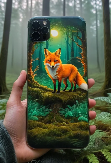 Imagine a smartphone screen displaying a digital forest at twilight. The scene is lit softly, highlighting the intricate details of tiny trees and underbrush. A digital fox in vivid orange moves gently across the screen, occasionally pausing as if sniffing the air. The background blurs softly, focusing on the fox and enhancing the depth. The color palette combines deep greens, earthy browns, and bright orange against the twilight's cool blues, transforming the smartphone into a portal to a tranquil, digitally vibrant forest.
