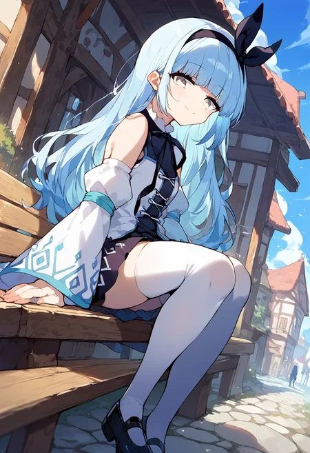 score_9,score_8_up,score_7_up,source_anime,zPDXL3,fantasy,town,wooden bench,sitting,
*//*,<lora:ArchMageIL_Pony:1>,archmage_il,1girl,solo,blue hair,long hair,blunt bangs,grey eyes,detached sleeves,white sleeves,white thighhighs,white dress,long sleeves,wide sleeves,bare shoulders,black ribbon,black hairband,black bow,mary janes,shoes,light smile,
*//*,looking at viewer,cowboy shot,dutch angle,