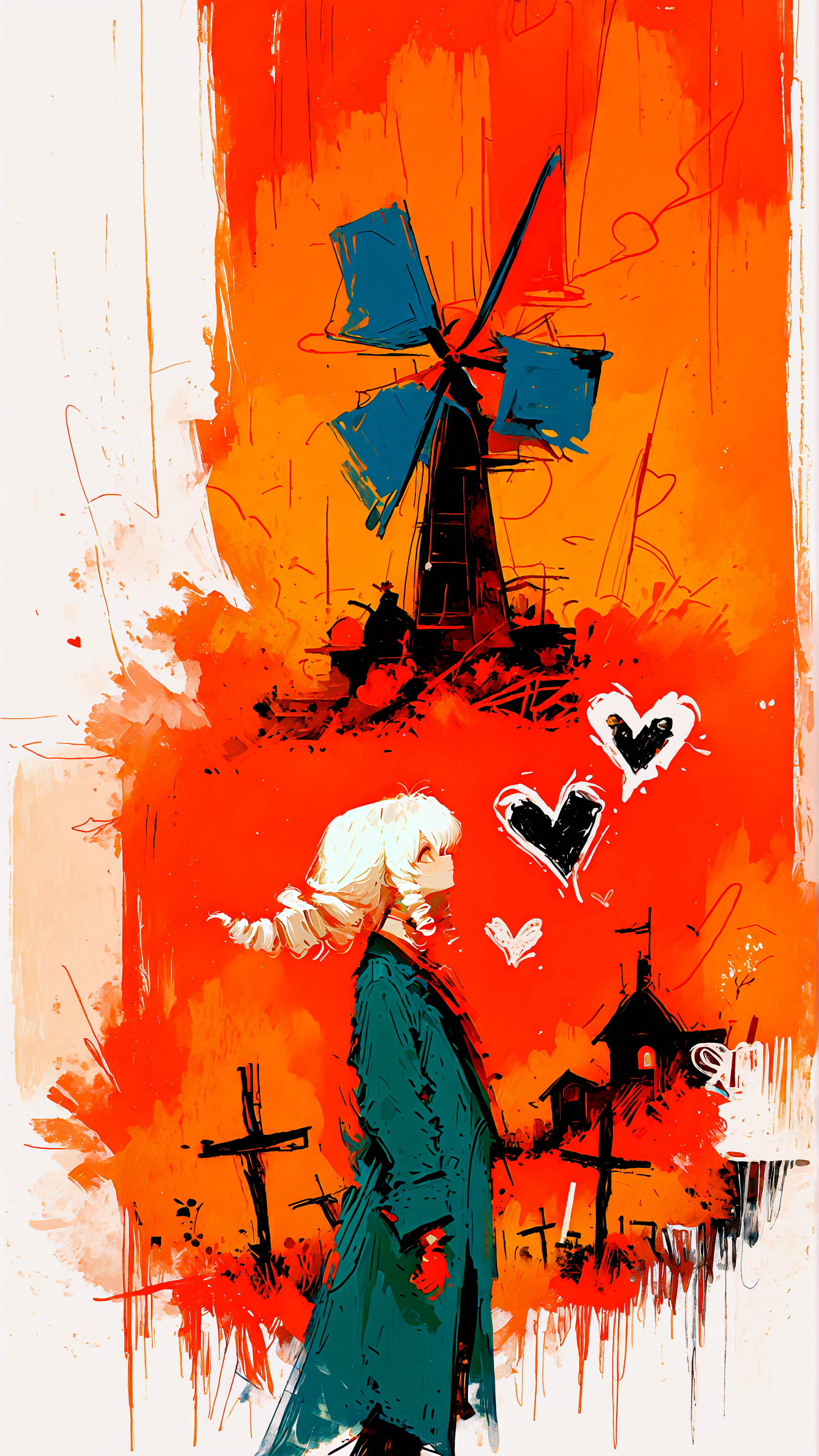 masterpiece, newest,absurdres,incredibly absurdres, best quality, amazing quality, very aesthetic, retro artstyle, abstract, orange theme, child's drawing, 
1girl, drill hair, white hair, blue trench coat, flying hearts, windmill, 
<lora:XXX477:0.6> xxx667_illu, <lora:ka_marukogedago:0.6> k4_illu,  <lora:fuyumur4s4ki_style:1> fuyumur4s4ki_illu