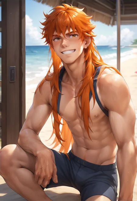 score_9,score_8_up, 1boy,man,solo,<lora:OtherStyle_07-000005:0.8>, grin,long hair,orange hair, indoors,beach, field, looking at viewer,