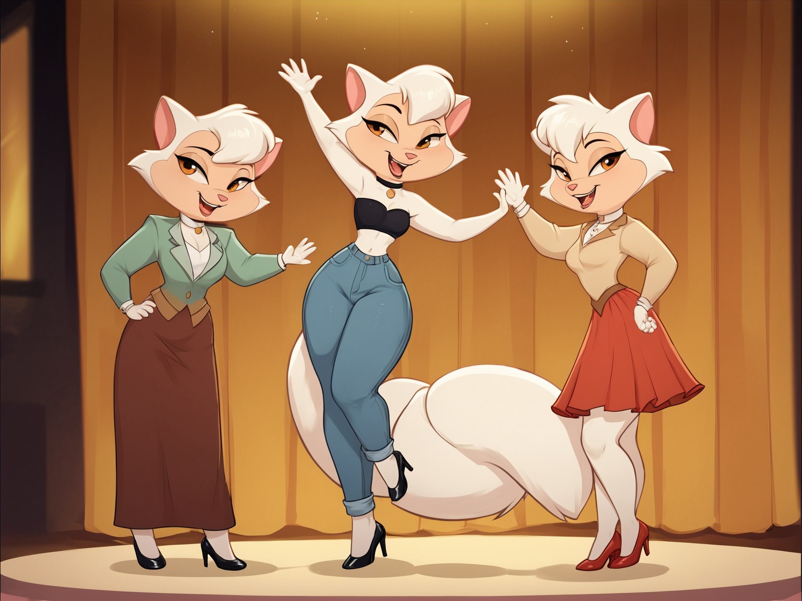 score_9,score_8,source_furry,
<1girl:1.5>,
<solo:1.5>,
cat, cat girl,dressed,feet, heels,full body,
 <lora:Sawyer_CDT_Pony_SDXL:1> sawyer_cat, standing,
dancing,
waving hands,