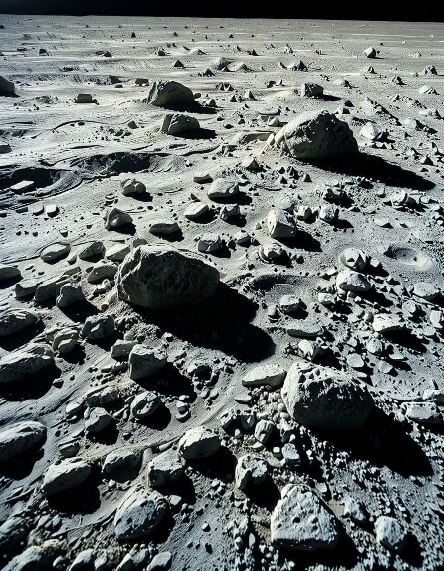 A high-resolution photograph of the Moon's surface, showcasing its rocky, cratered terrain with fine lunar dust. The foreground is dominated by detailed lunar regolith, with small rocks and uneven textures illuminated by the harsh, direct sunlight. Shadows are sharp and deep due to the lack of atmosphere. In the background, Earth appears as a vibrant blue and white sphere, partially illuminated, contrasting against the blackness of space. The composition is balanced, with Earth positioned slightly off-center to create a sense of depth and scale. The lighting is natural, with the Sun casting a bright glow on the lunar surface while leaving some areas in darkness, emphasizing the stark and desolate beauty of the Moon.
<lora:SDXLFaeTastic2400:0.4> <lora:extremely_detailed:0.4> extremely detailed, <lora:moon_surf4c3_v2:1>,moon surf4c3, Masterpiece,best quality,hi res,8k,hi res,8k,award winning,(sharp focus, intricate, highly detailed),