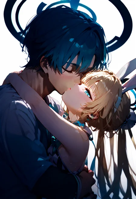 score_9, score_8_up, score_7_up, 1girl, 1boy,  deep kiss, head tilt, kiss, hug,  toki_\(bunny\)_\(blue_archive\)  <lora:deep_kiss:1>