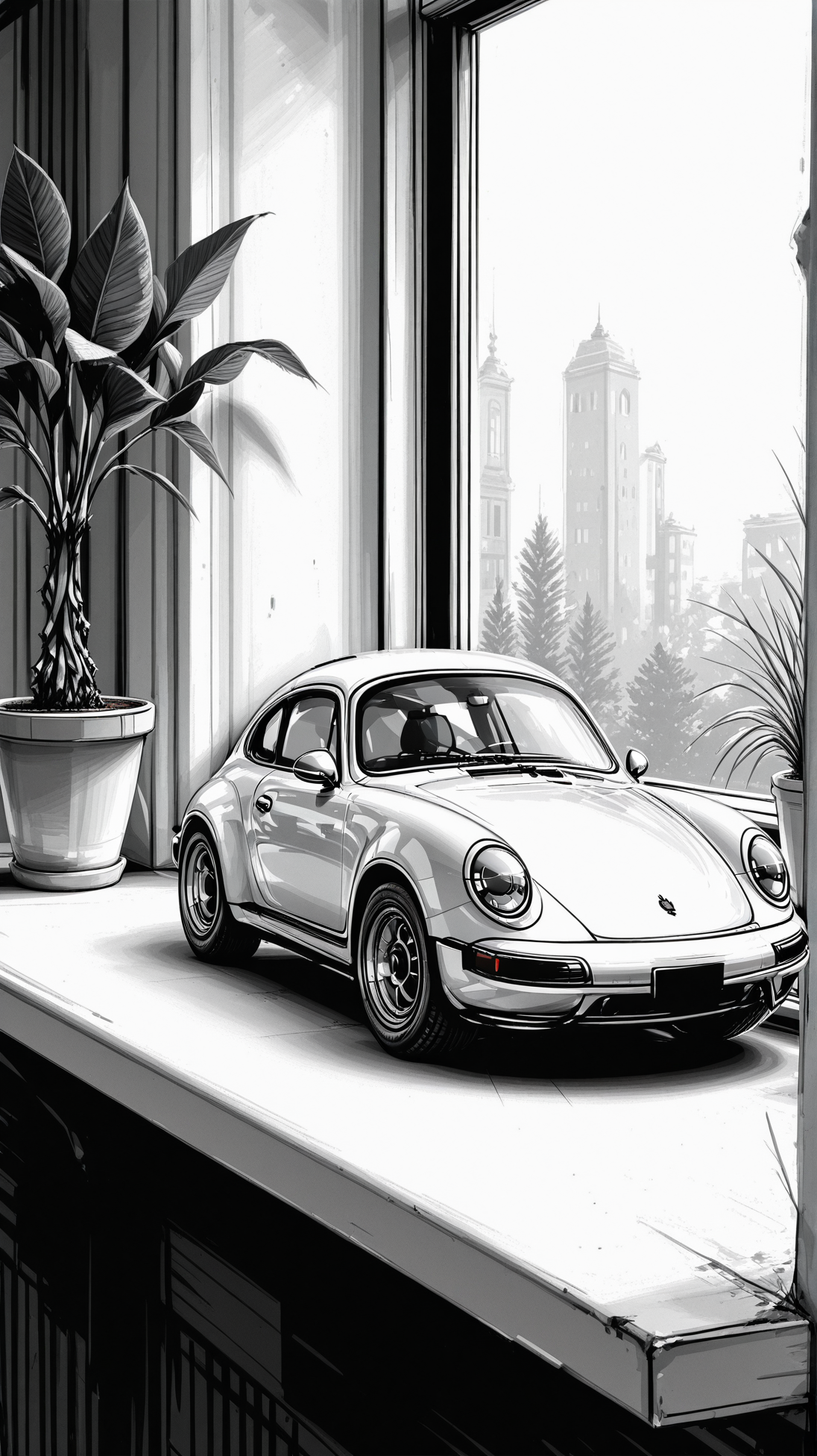 high_quality, highres, detailed, masterpiece, best quality, absurdres,Jedsk5tch, sketch, black and white,  A hyper-realistic close-up of a Porsche , miniature, windowsill, potted plant,  <lora:SketchStyle-000015:1>