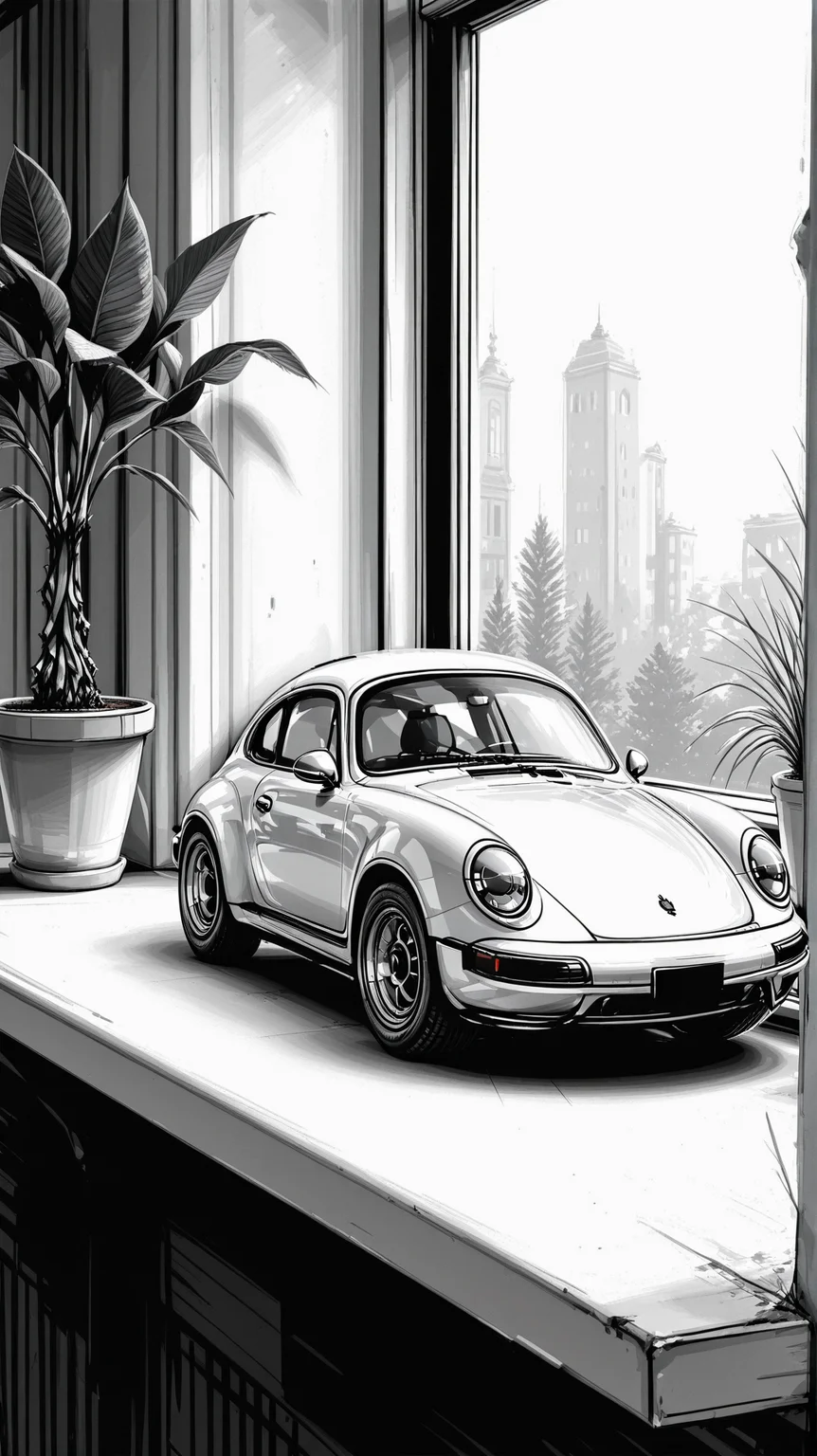 high_quality, highres, detailed, masterpiece, best quality, absurdres,Jedsk5tch, sketch, black and white, A hyper-realistic close-up of a Porsche , miniature, windowsill, potted plant, <lora:SketchStyle-000015:1>