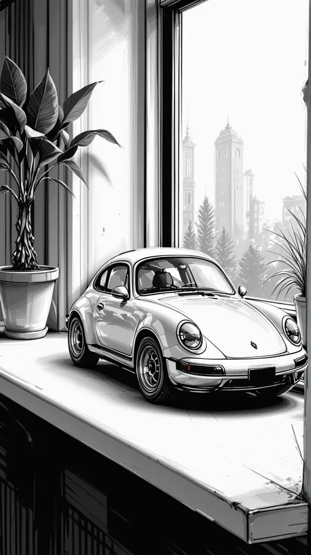 high_quality, highres, detailed, masterpiece, best quality, absurdres,Jedsk5tch, sketch, black and white, A hyper-realistic close-up of a Porsche , miniature, windowsill, potted plant, <lora:SketchStyle-000015:1>