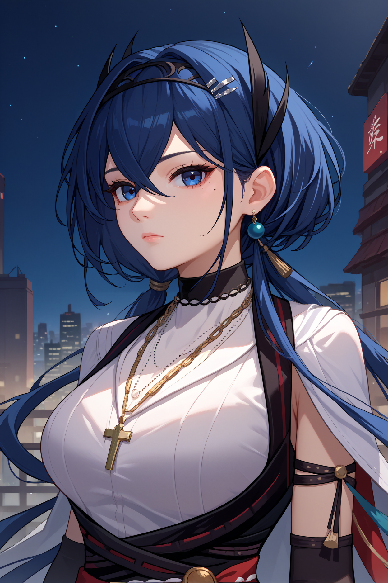 score_9, score_8_up, score_7_up, score_6_up, source_anime, 1girl, solo,   <lora:cantabile-pdxl-nvwls-v1:1> cantabile, dark blue hair, dark blue eyes, mole under eye, long hair, hair ornament, hairband, necklace, white shirt, sleeveless shirt, black dress, red sash, black gloves, elbow gloves, black thighhighs, upper body, looking at you, expressionless, night, city, portrait, large breasts