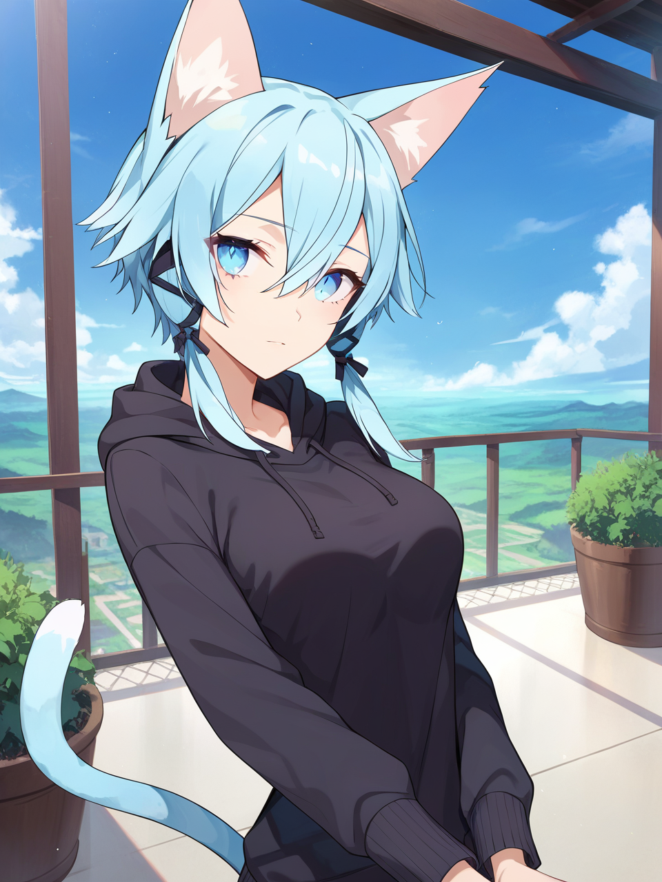 score_9, score_8_up,score_7_up, source_anime, expressiveh
 sinon,  light blue hair, light_blue_eyes, hair between eyes, hair ornament, hair ribbon, short hair, cat ears, animal ear fluff, cat tail
medium breasts, fingernails, 
balcony with a beautiful view, pullover
<lora:Expressive_H:0.3>   <lora:sinon neko:0.8>