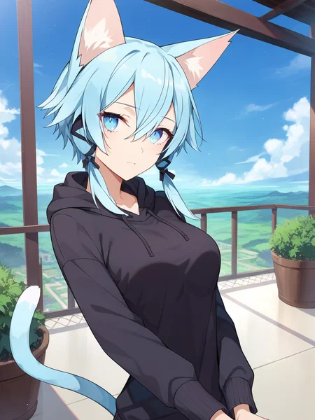 score_9, score_8_up,score_7_up, source_anime, expressiveh
sinon, light blue hair, light_blue_eyes, hair between eyes, hair ornament, hair ribbon, short hair, cat ears, animal ear fluff, cat tail
medium breasts, fingernails,
balcony with a beautiful view, pullover
<lora:Expressive_H:0.3> <lora:sinon neko:0.8>