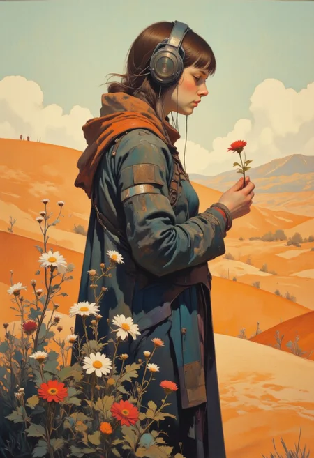 drkfnts style, DB4RZ, DB4RZ style painting, ck-70scf, OBxiaoxiang, R3alisticF, Steve McDonald Art, a highly detailed digital painting of a lone female figure in a desolate expansive desert landscape stands in a quiet, sunlit clearing, holding a single flower in their hand. The bloom is delicate, its vibrant petals trembling in the soft breeze. there is nothing to be seen for miles except dunes of sand. The figure is wearing futuristic over-ear headphones. The figure’s face is soft in expression, caught in a moment of stillness, as if they are watching something fragile grow in the silence of the world around them. Apart from the flower that the figure is holding there is no vegetation or flora in the image.
The composition is dominated by gold, navy blue, orange, and red tones.