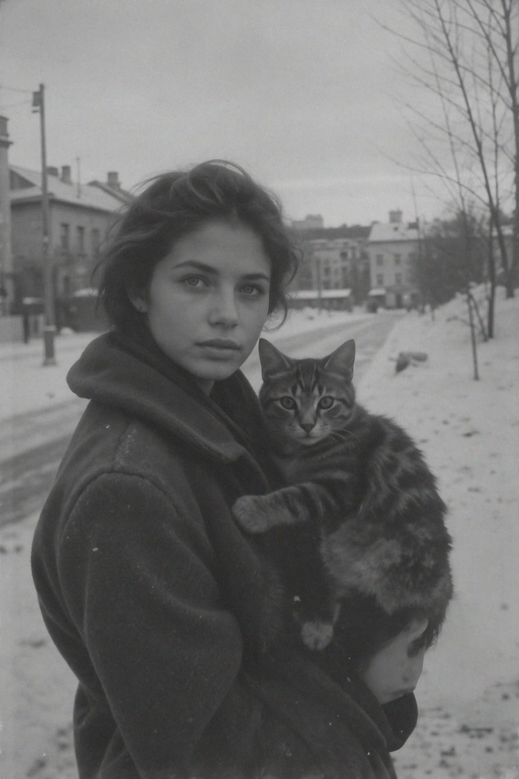 portrait photo of cute russian young woman, she is holding a cat, soviet messy cityscape in the background, ice, snow, winter, evening sunset, technicolor, year 1980, vintage analogue photo, 80's photography style, old photo artifacts, photo scratches, photo shot by Kodak Portra 800, Hasselblad 500C, retro <lora:Vintage_Photo_Flux:0.7>