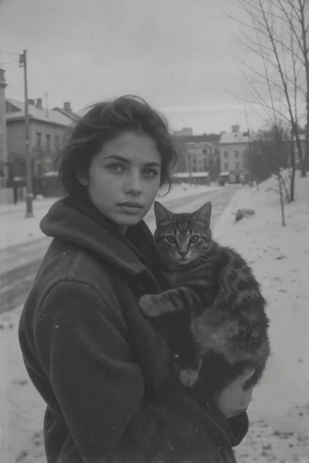 portrait photo of cute russian young woman, she is holding a cat, soviet messy cityscape in the background, ice, snow, winter, evening sunset, technicolor, year 1980, vintage analogue photo, 80's photography style, old photo artifacts, photo scratches, photo shot by Kodak Portra 800, Hasselblad 500C, retro <lora:Vintage_Photo_Flux:0.7>