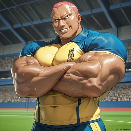 safe_pos, safe_pos, source_anime, detailed background, (score_9, score_8_up, score_7_up), zoroj, masterpiece, best quality, high quality, ultra detailed, highly detailed, high detail, artistic lighting, (highly detailed face, (perfect face, perfect eyes)), depth of field, perfect soft lighting, best shadows, perfect reflections, volumetric, detailed image, high resolution, defined faces, sharp definition,

solo, 1boy, male focus, Kevin Dragonfly, brown hair, pink hair, dark-skinned male, dark skin, sportswear, shirt, pants, musclebears, muscular male, hyper muscles, bara, veiny muscles, large male, big bulge, Sweaty, oily, bare foot, 

st4dium, stadium, night, outdoors, crowd, sports field, large male dom, sweaty body, musky, body dripping in sweat, dynamic poses, various poses, cowboy shot, standing, looking at viewer, smile, crossed arms,