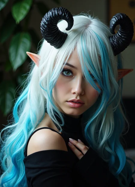 glamorous photo (photorealistic, UHD, shot on a Sony A7III, optimal photography, natural lighting) (full body shot:1.3)
(expressionless),black pantyhose,finely detail, ((solo)),((gawr gura)),(Blue gradient hair),(white hair),(medium hair), (beautiful detailed eyes), loveliness,demon horns, pointy ears,off shoulder,looking at viewer,bare shoulders . high fashion, luxurious, extravagant, stylish, sensual, opulent, elegance, stunning beauty, professional, high contrast, detailed