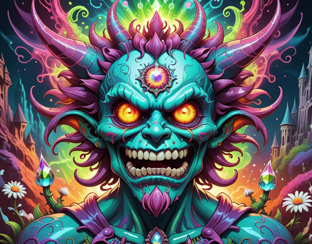 <lora:Daisy-Acid:.4> color line art,acid-art, trippy, daisyart, sketch, Magic-style Demon, it is Biochemical and Mad, absurdres, epic atmosphere, magical, dslr, stunning, aesthetic, romantic, located artistic, extremely stylish, perfect background, sublime, dynamic composition,Hyperrealistic, crystal-clear,with super sharp details and vivid colors, intricate textures, and pristine clarity