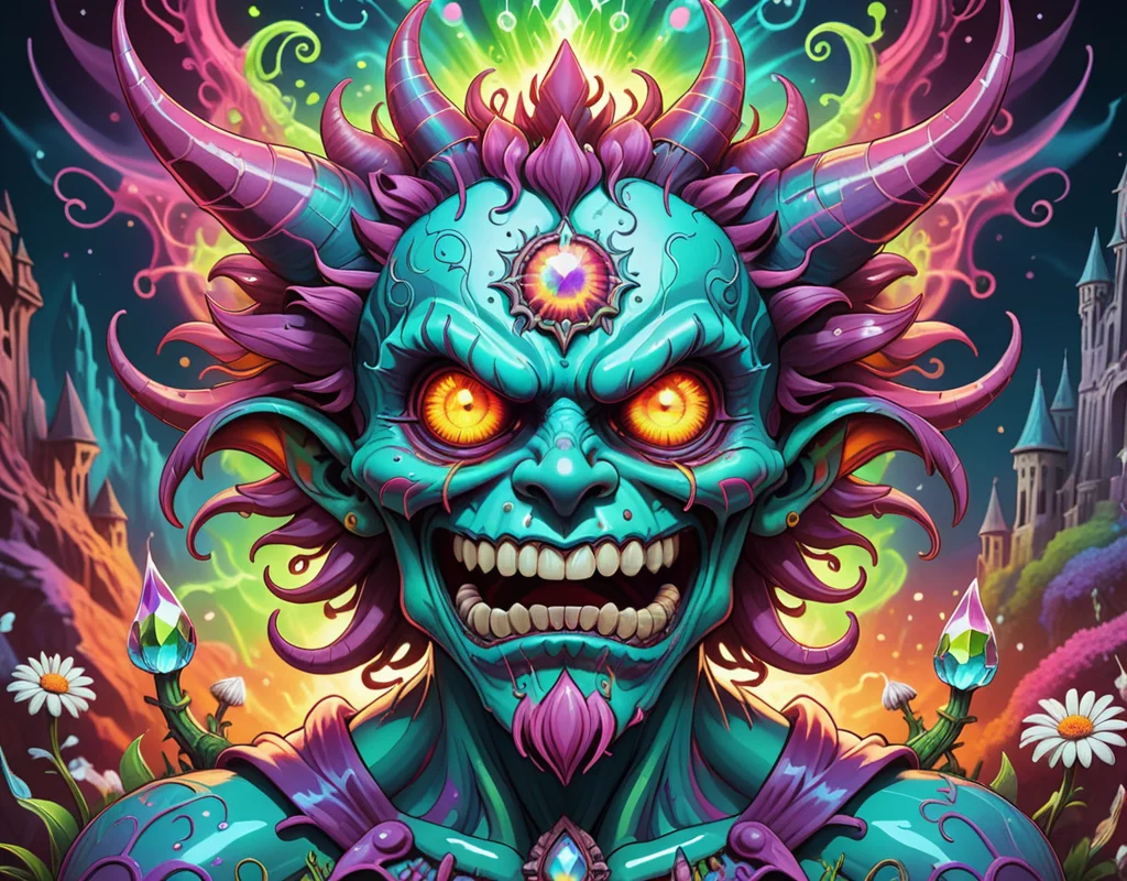 <lora:Daisy-Acid:.4> color line art,acid-art, trippy, daisyart, sketch, Magic-style Demon, it is Biochemical and Mad, absurdres, epic atmosphere, magical, dslr, stunning, aesthetic, romantic, located artistic, extremely stylish, perfect background, sublime, dynamic composition,Hyperrealistic, crystal-clear,with super sharp details and vivid colors, intricate textures, and pristine clarity