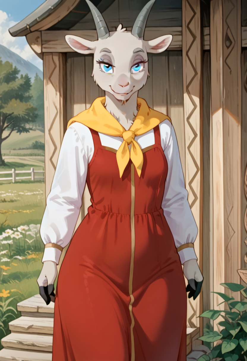 score_9, score_8_up, score_7_up, g04t, 1girl, solo, furry, goat, blue eyes, grey fur, horns, red dress, long sleeves, yellow neckerchief, cowboy shot, meadow, looking at viewer, seductive smile, bedroom eyes, lifting dress, bare thigs, bare legs, bare hips, outdoor,