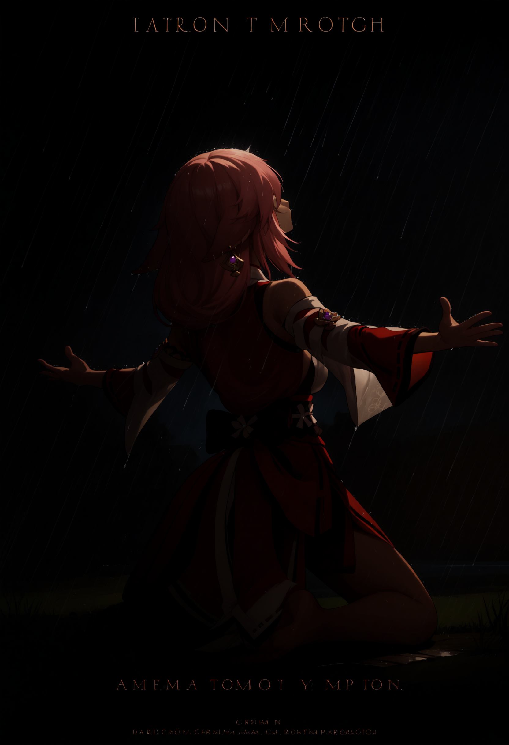score_9, score_8_up, score_7_up, 1girl, IncrsSRPoster, outstretched arms, rain, from behind, outdoors, <lora:ShawshankRedemptionPoster_XLPD:1>, english text, movie poster, night, kneeling, dramatical, epic, dark, yae miko,