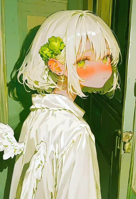 <lora:MF9fMTFYeA==-noobaiXLNAIXL_epsilonPred_V110_V1-CAME>, MF9f, white hair, solo, 1girl, wings, short hair, green eyes, tears, upper body, hair ornament, looking at viewer, white shirt, crying, angel wings, hallway, shirt, white wings, mini wings, door, crying with eyes open, green flower, looking back, hair flower, piercing, closed mouth, ear piercing, indoors, shadow, blush, flower