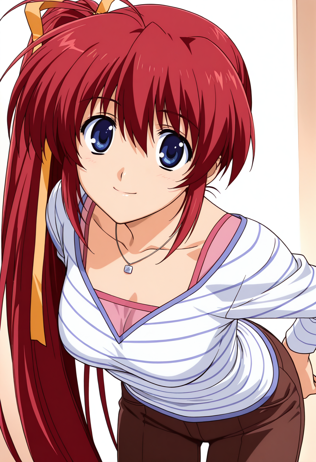 masterpiece, best quality, very aesthetic, absurdres, 1girl, solo,
<lora:takase_mizuki_v01:0.9>, takase_mizuki, mizuki_casual3, red hair, very long hair, ahoge, side ponytail, blue eyes, breasts,
yellow hair ribbon, jewelry, necklace, white striped shirt, long sleeves,  brown pants, (smile:0.7), posing, leaning forward, upper body