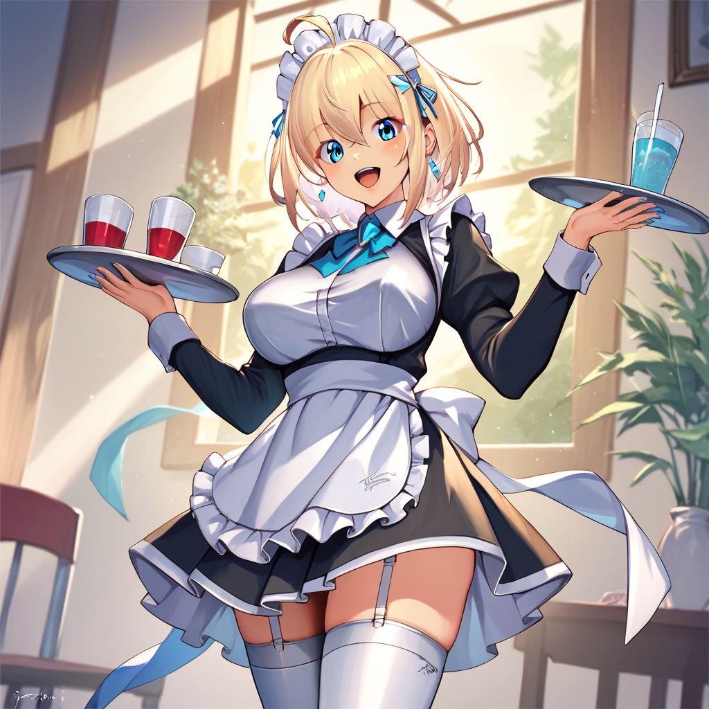 1girl, solo, sophia-f-shirring, 1girl, blonde hair, breasts, solo, blue eyes, maid, apron, maid headdress, looking at viewer, ahoge, thighhighs, smile, tray, dress, open mouth, long sleeves <lora:Sophia_F_Shirring:1>, score_9, score_8_up, score_7_up, score_6_up, source_anime,