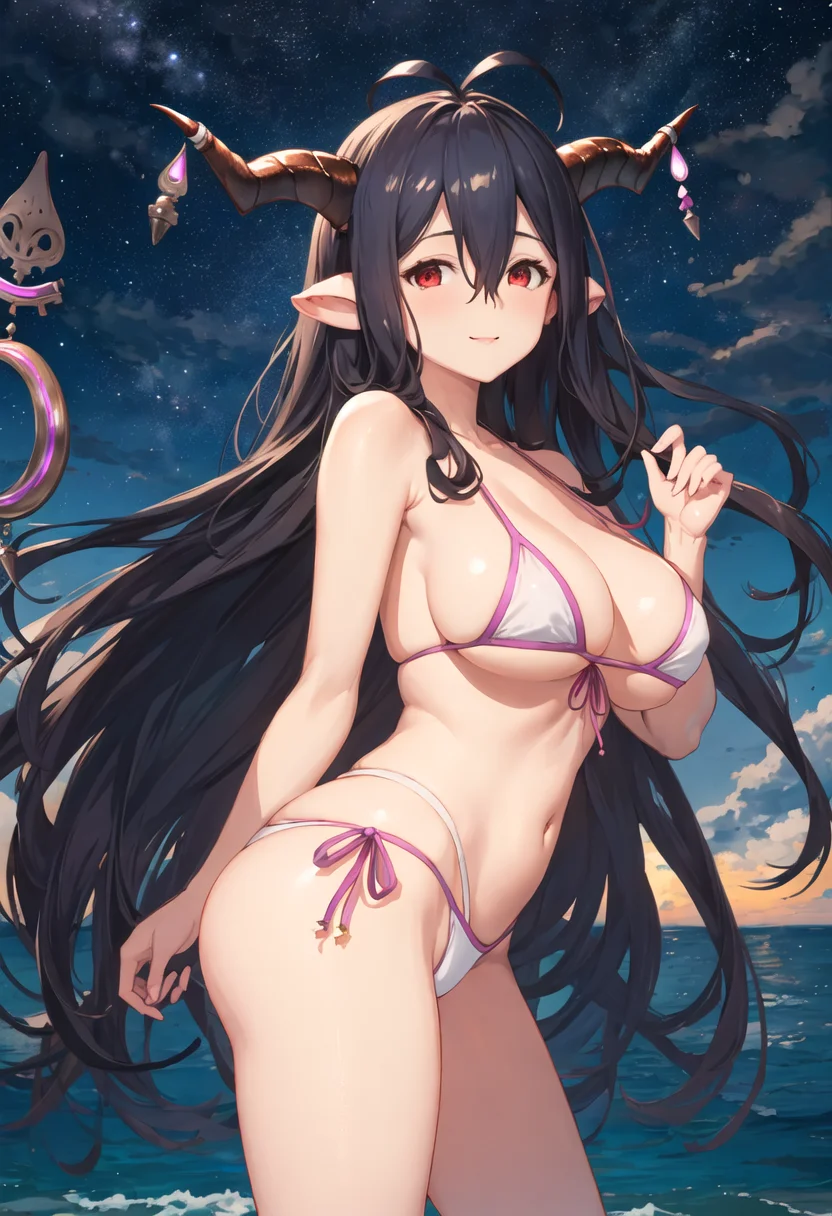 best quality, masterpiece, highres, solo, {danua_granbluefantasy:0.90}, {night:1.10}, {starry sky:1.10}, beach, beautiful detailed sky, {extremely detailed background:1.20}, {standing:1.10}, looking at viewer, {bikini:1.30}, light smile