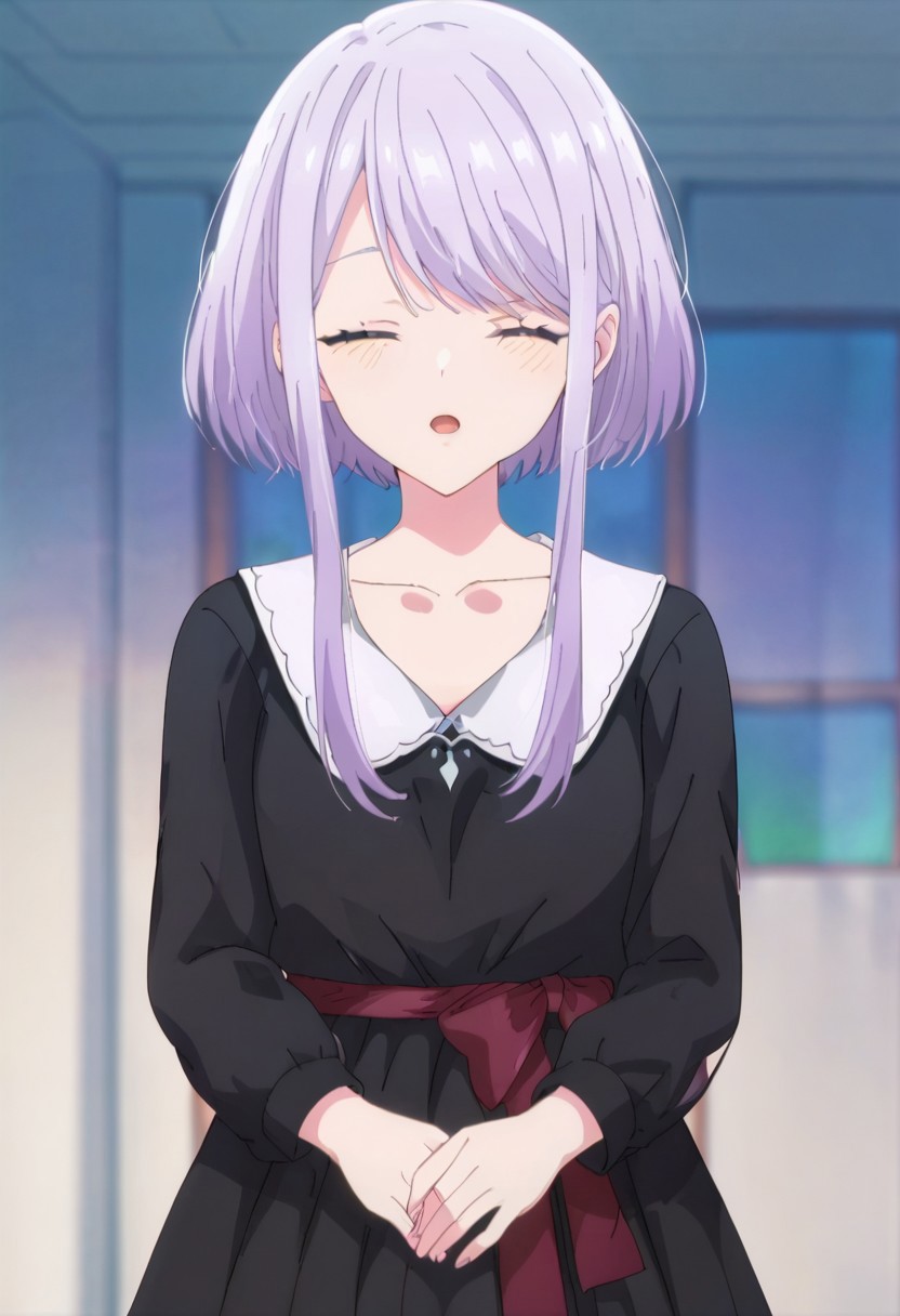 score_9, score_8, score_7, source_anime, amasawa kyou, open mouth, collarbone, closed eyes, looking at viewer, black dress, dress, blurry background, indoors, day, :d