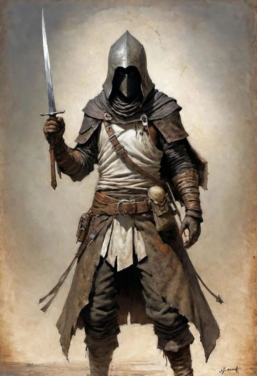 videogame art of (beggar clothes, human thief brigand, holding a iron rusty dagger, wearing leather tunic, metal and cloth shaped helmet, sewn together), by Jean-Baptiste Monge and Nicola Samori, assassins' creed clothes