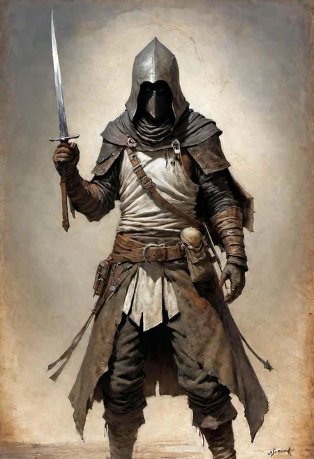 videogame art of (beggar clothes, human thief brigand, holding a iron rusty dagger, wearing leather tunic, metal and cloth shaped helmet, sewn together), by Jean-Baptiste Monge and Nicola Samori, assassins' creed clothes