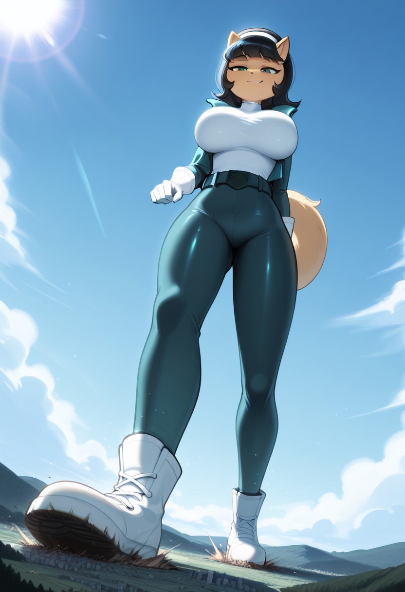 masterpiece, high res, absurdres, 
1girl, solo, lux_lol_wr, female focus, giant, giga size, mega size, 
landscape, cityscape, extremely tiny city, from below, face focus, foreshortening, clouds, impact, smug, sitting, laying,  footwear crushing, destruction, impact, ass destruction, footwear destruction,
blue sky, outdoors, 
1girl, solo,furry female,kittykatswell,green eyes, black hair, bangs, animal ears, tail, hairband, tan body, tan fur, jacket, white shirt, turtleneck, pants, belt, bodysuit, white gloves,full body,body fur,big breasts,
giant girl,
sunlight, volumetric lighting, (backlight:0.7), (dutch angle:0.4), very wide shot, depth, ozone, bokeh, luminescent background,